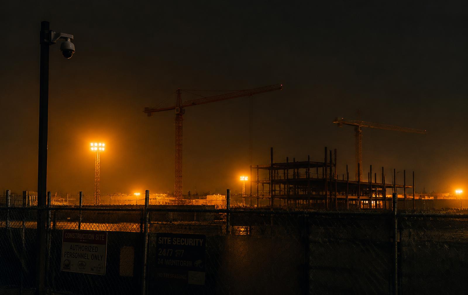Construction site perimeter at night under floodlights with a security camera
